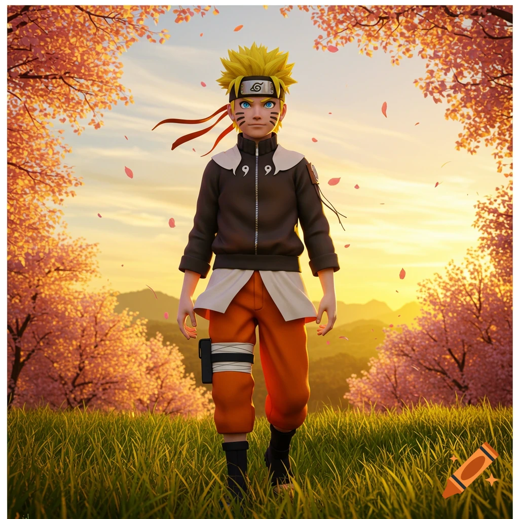Naruto walks through a sunlit field with pink cherry blossom trees and fallen petals.