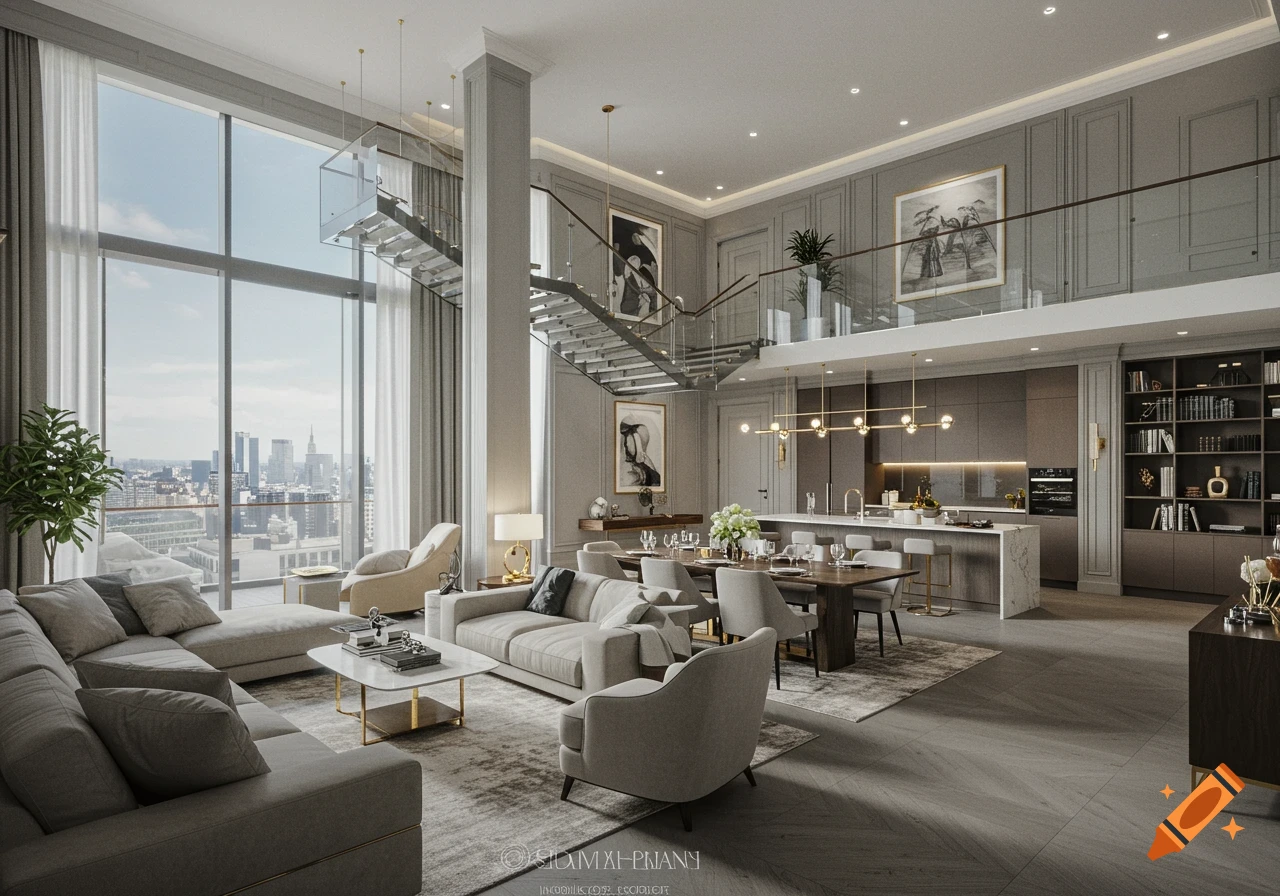Photorealistic rendering of a luxurious, modern open-plan apartment with a large living area, dining space, kitchen, suspended glass staircase, and city views.