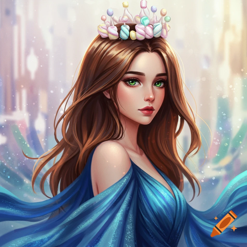 A beautiful woman with long brown hair, green eyes, and a blue dress, wearing a crown made of marshmallows in a semi-anime style.