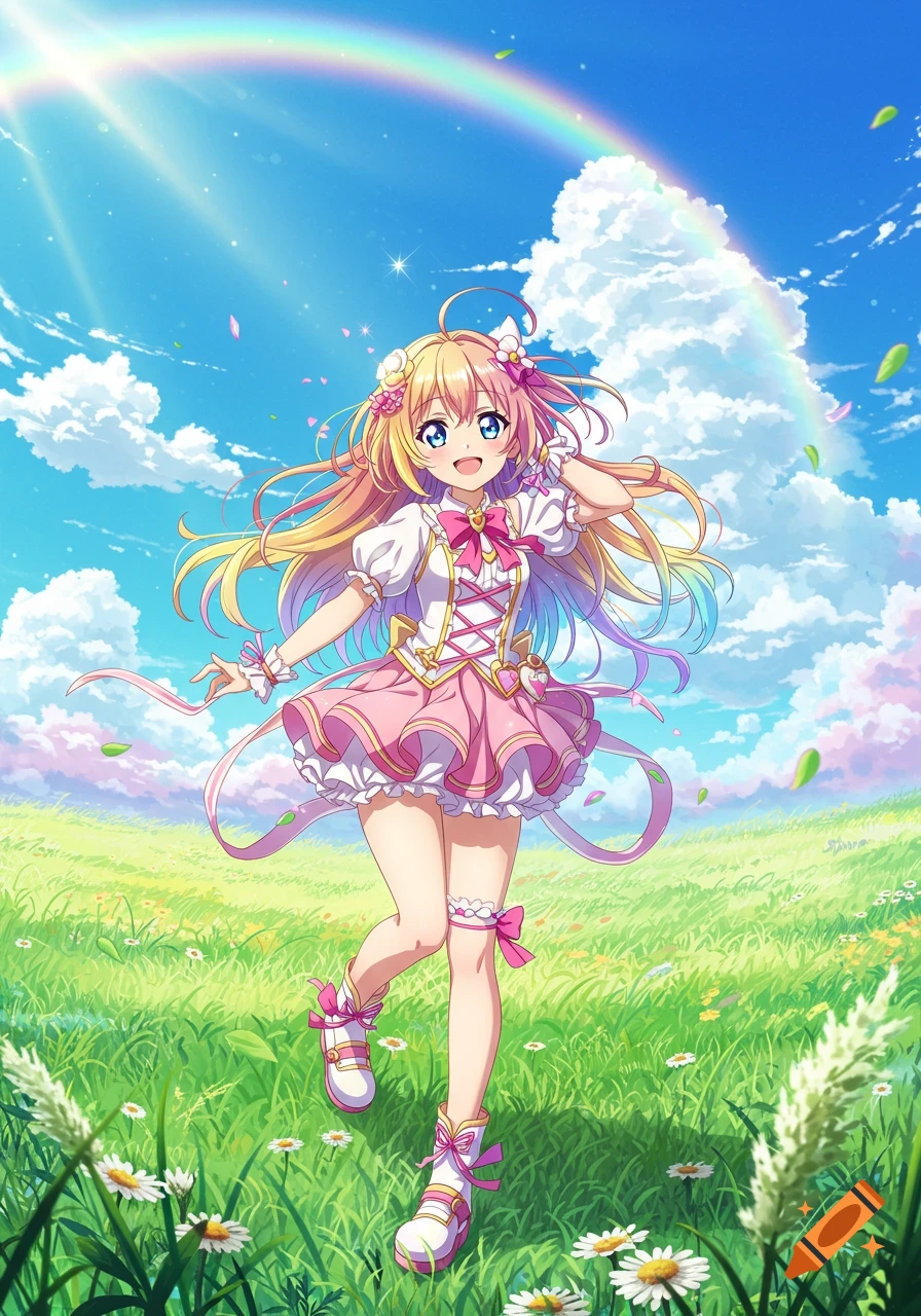 An anime girl with long blonde hair in a pink dress smiles in a sunny green field with a rainbow in the blue sky.