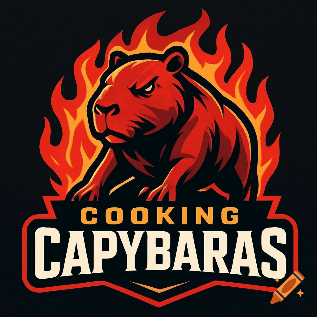 A stylized sports team logo featuring an angry red capybara against a fiery background, with the words "COOKING CAPYBARAS" below.