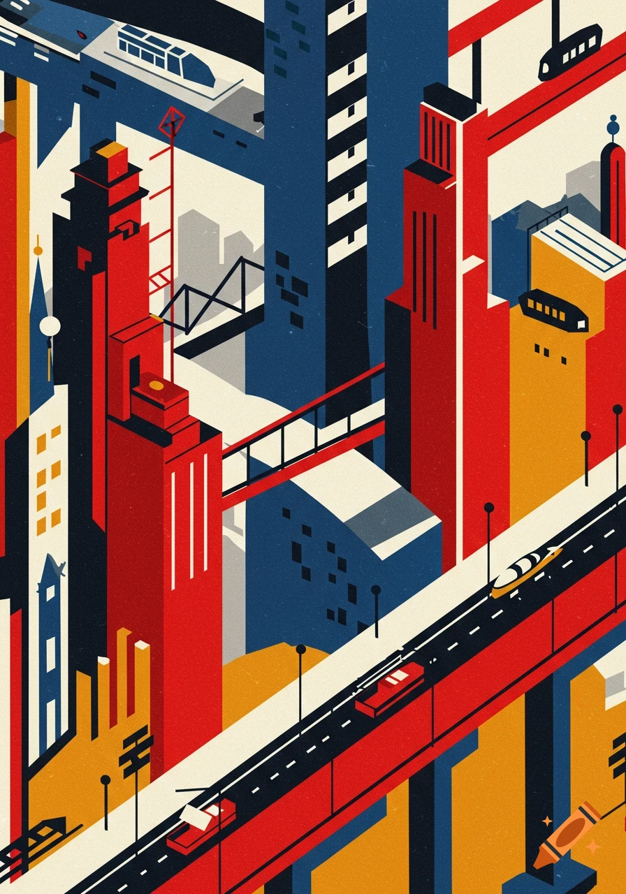 A vibrant, geometric cityscape in the style of Russian Constructivism, featuring red, blue, and yellow buildings and elevated roads.
