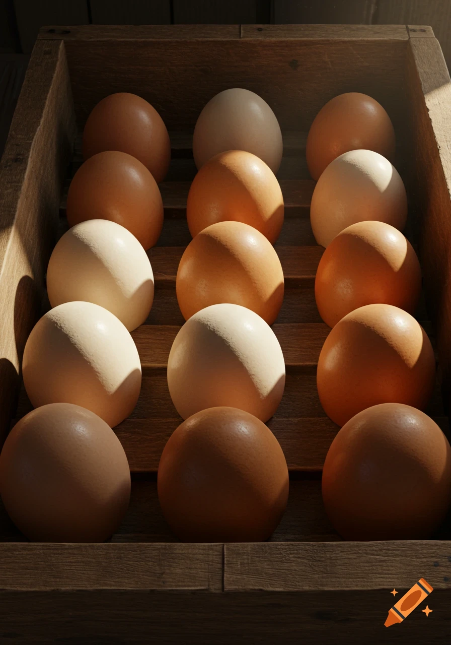 A close-up, top-down view of a dozen brown and white eggs neatly arranged in a rustic wooden crate with natural lighting.