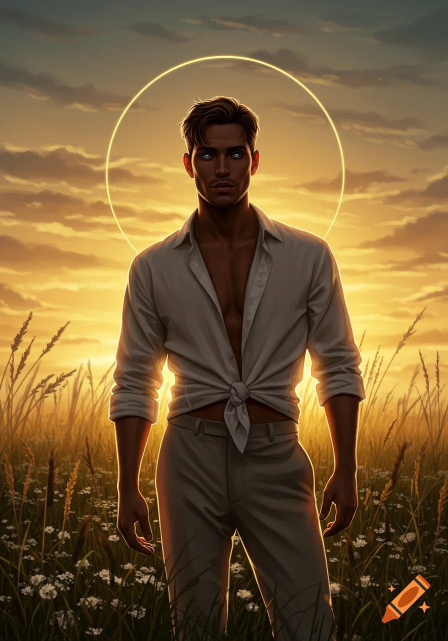 A man with blue eyes and a glowing halo stands in a golden field at sunset, wearing an unbuttoned white shirt.