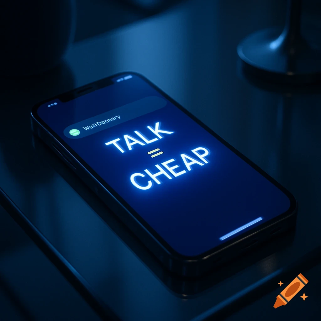 A close-up of a smartphone screen displaying 'TALK = CHEAP' in bright blue neon text.