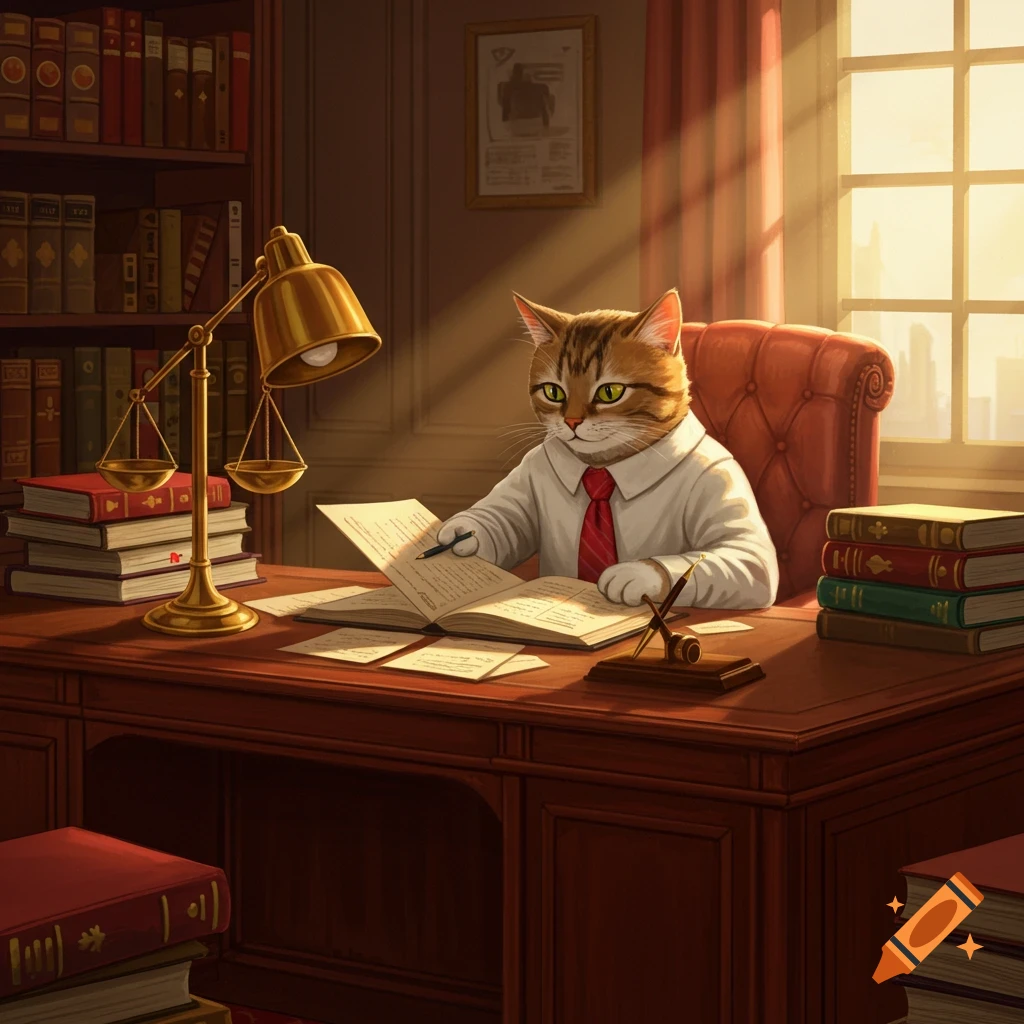 A tabby cat in a white shirt and red tie sits at a large wooden desk, reading a book. A lamp and scales of justice are on the desk, with bookshelves and a sunny window in the background.