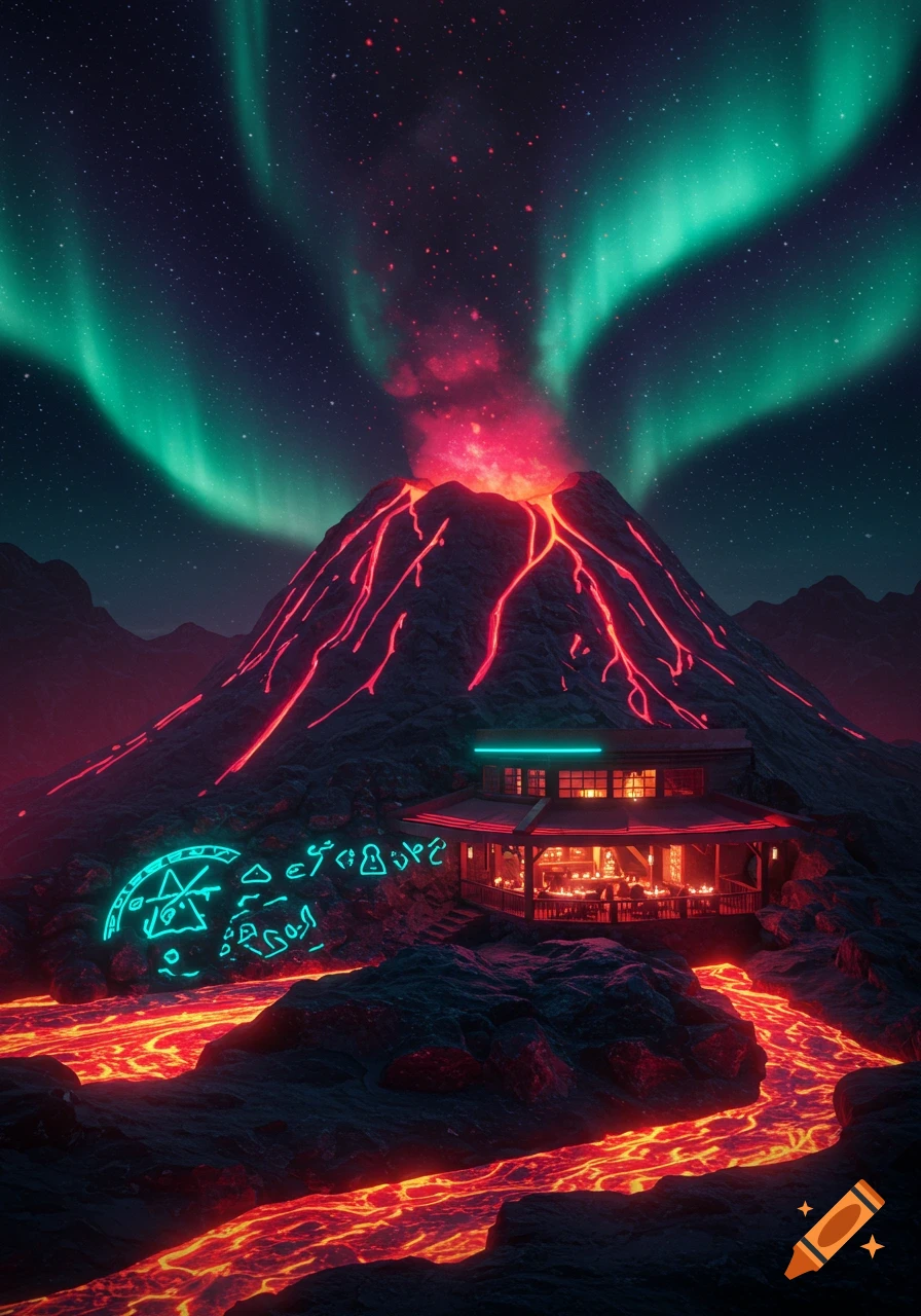 A vibrant neon volcano erupts under an aurora-lit night sky, with a glowing arcane restaurant nestled at its base and luminous lava rivers flowing nearby.