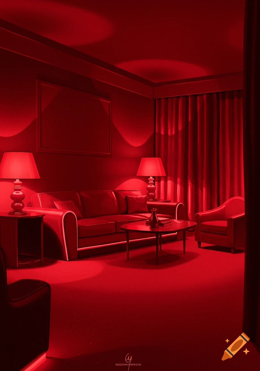 A monochromatic hotel room with red furniture, walls, floor, and curtains.
