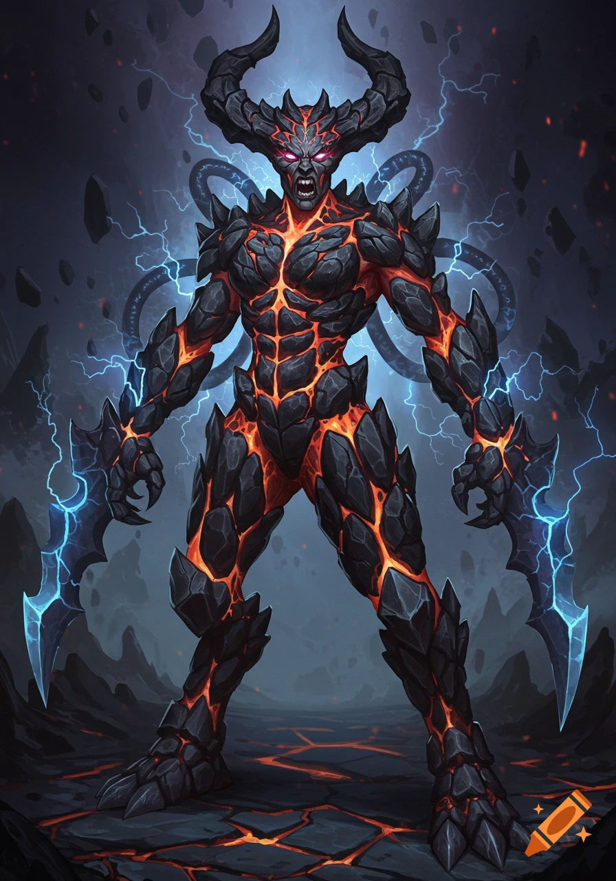 A menacing demonic creature with a body of volcanic rock and glowing magma cracks, holding two obsidian blades, surrounded by lightning.