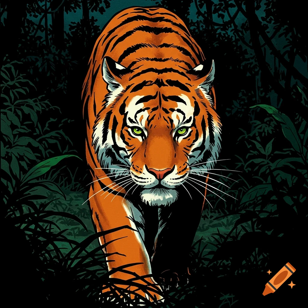 A tiger with piercing green eyes emerges from dark jungle foliage in a striking 50s comic book illustration style.