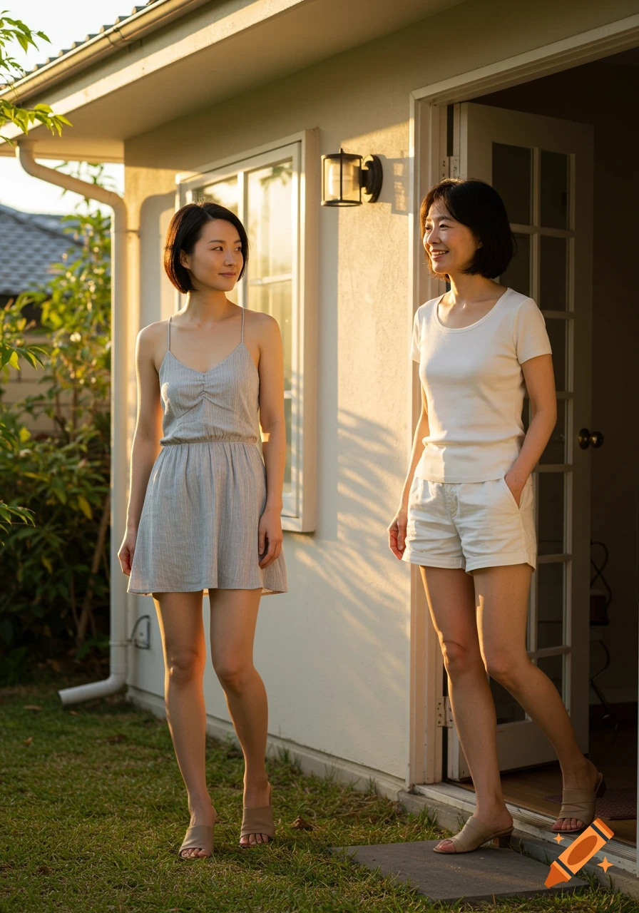 Two Asian women stand outside a house in sunlight. One wears a gray dress, the other a white top and shorts. Photorealistic.