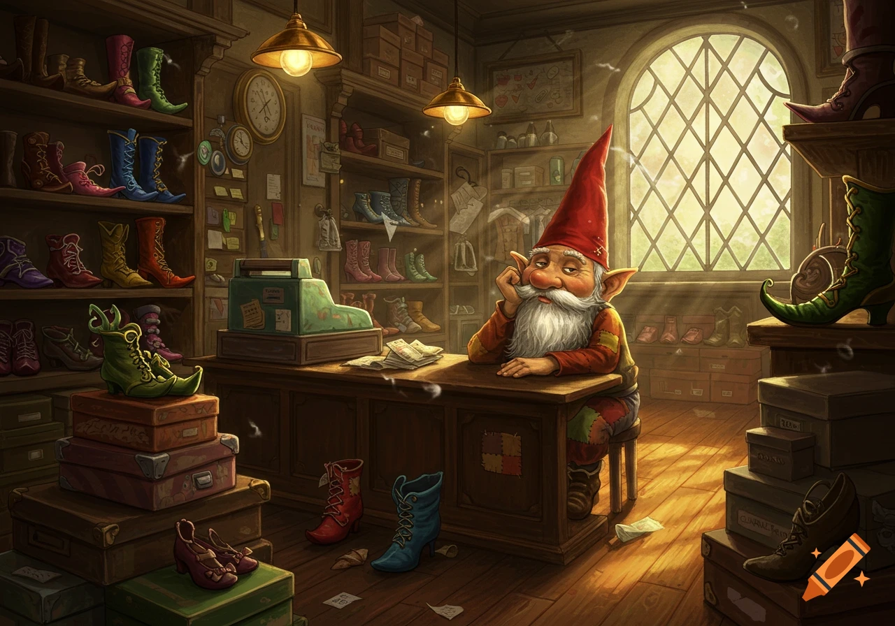 A bored gnome with a red hat and white beard sits behind the counter in a whimsical shoe store, surrounded by shelves of colorful boots.