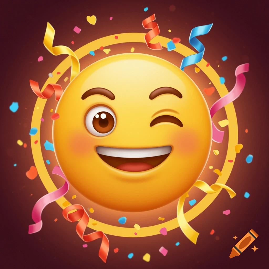 A smiling, winking emoji surrounded by colorful confetti and ribbons against a dark background.