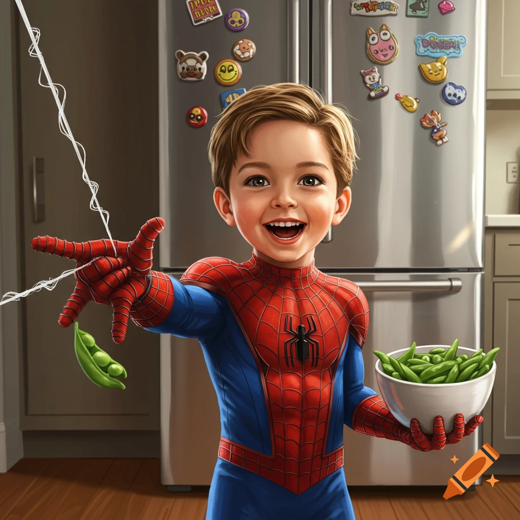 A happy boy dressed as Spider-Man, holding a bowl of green peas and shooting a web in a kitchen.