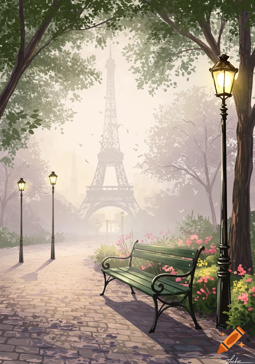 An illustrated park scene with a green bench and glowing street lights, with the Eiffel Tower visible in the misty background.