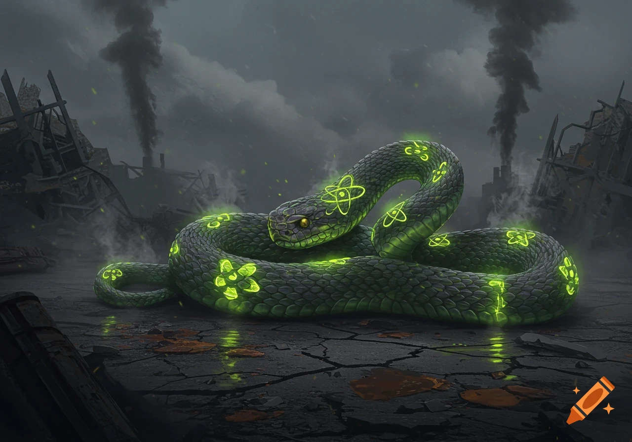 A glowing green snake with biohazard-like symbols on its body lies amidst a desolate, smoke-filled, ruined landscape.