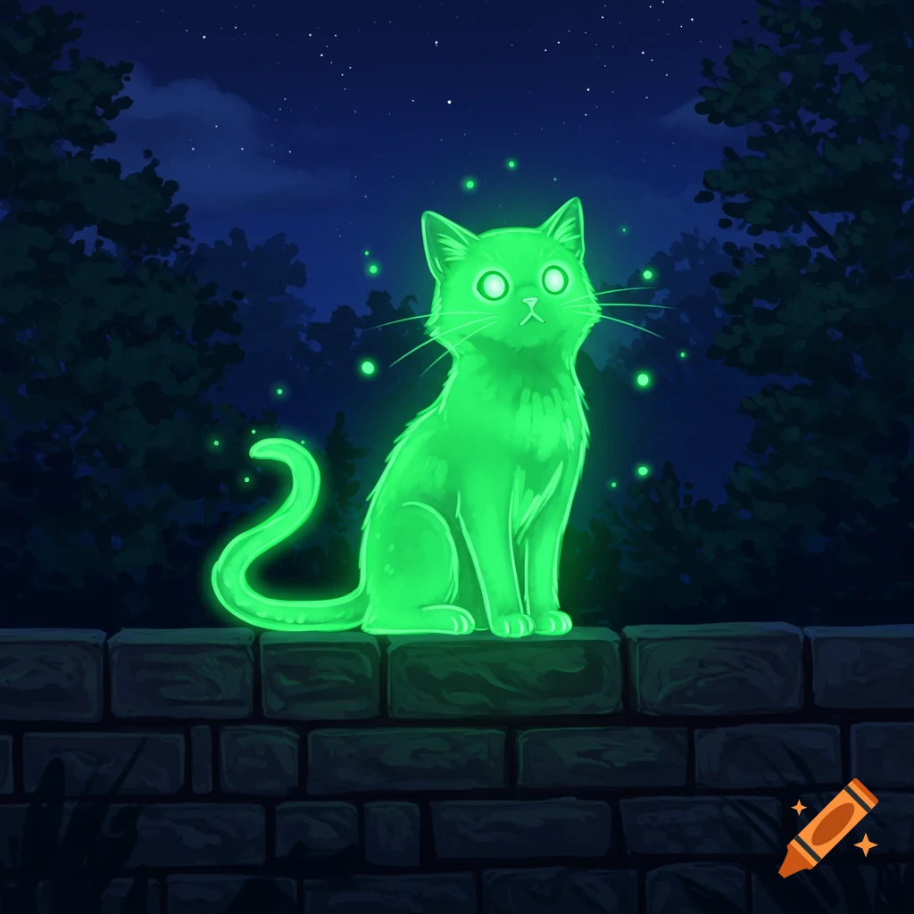 A luminescent green cat with glowing eyes sits on a stone wall at night against a dark, starry sky.
