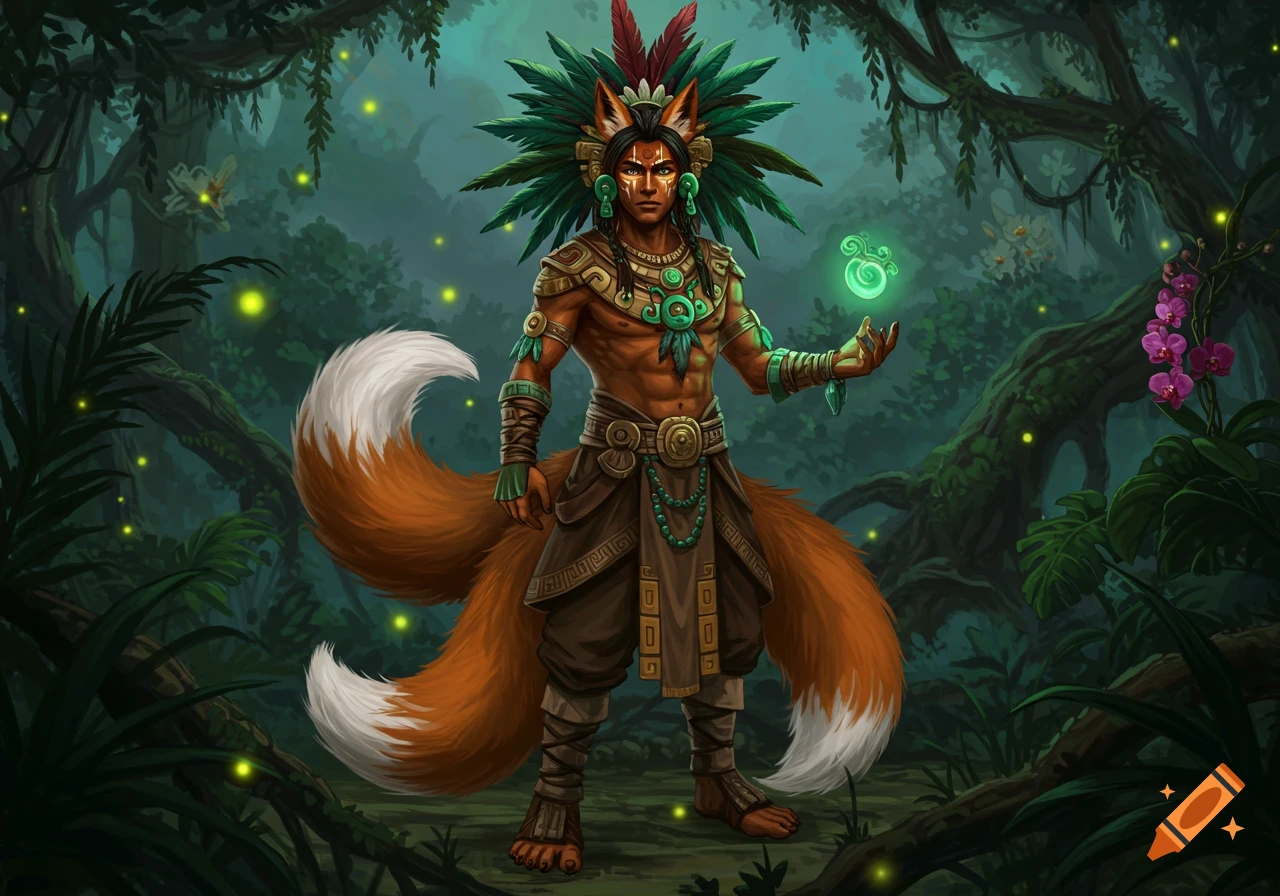 An Aztec male kitsune druid with fox ears and two tails, wearing ornate clothing, stands in a jungle holding a glowing green orb.