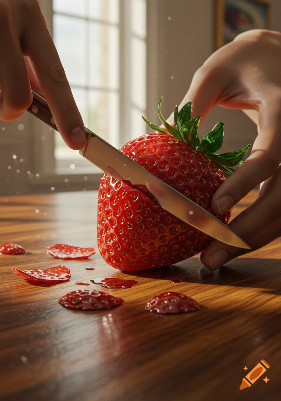 Close-up of hands slicing a large red strawberry with a knife on a wooden table, with strawberry pieces and juice drops around.