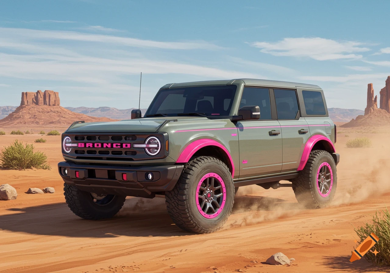 A grey Ford Bronco with pink accents drives through a sandy desert landscape under a clear sky.