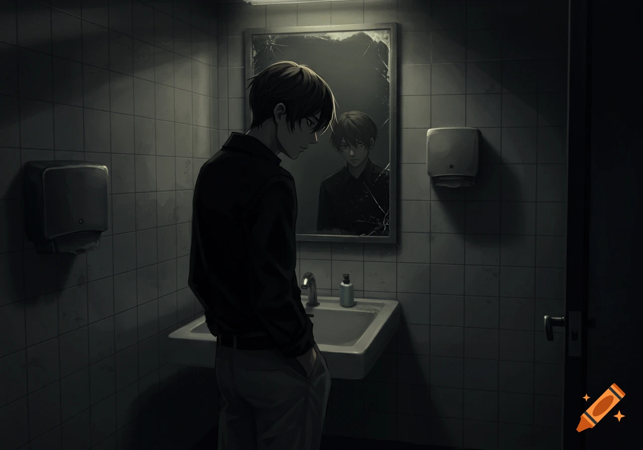 An anime man in a dark shirt and pants looks at his reflection in a cracked mirror in a dimly lit, tiled bathroom.
