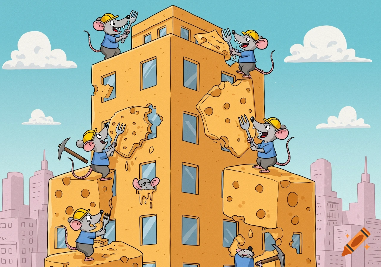 Cartoon rats wearing hard hats use forks and pickaxes to eat a large skyscraper made of swiss cheese in a city.