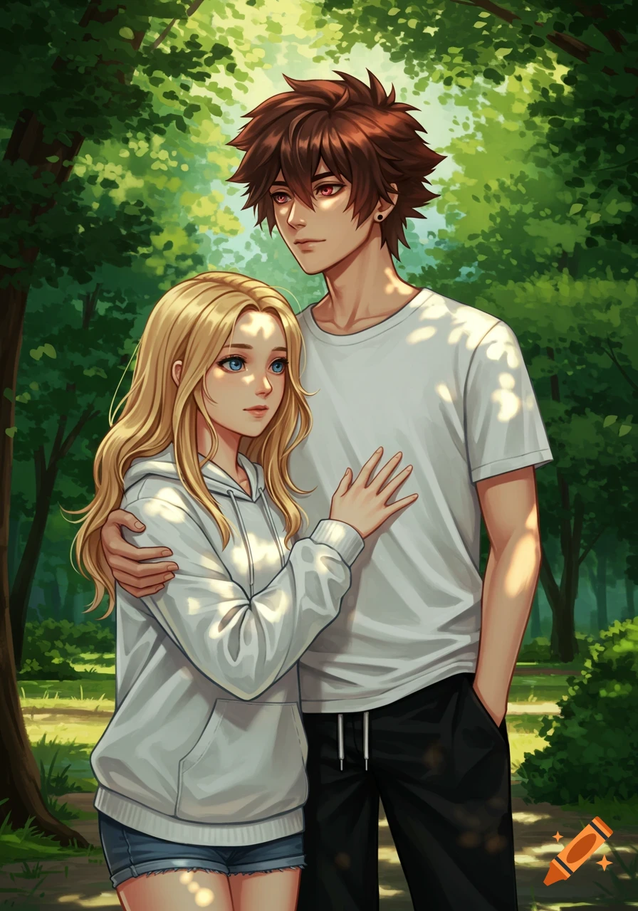 Anime-style illustration of a blonde girl in a white hoodie and a brown-haired boy in a white t-shirt standing closely in a sunlit park.