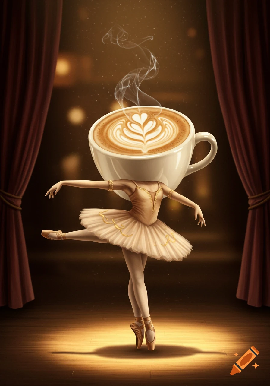 A surreal image of a ballerina with a coffee cup head performing on a dimly lit stage.