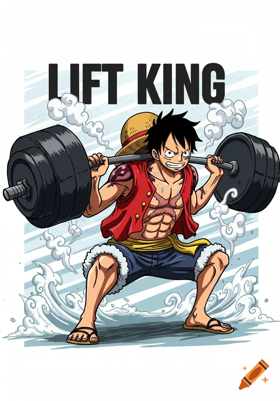 Anime character Luffy from One Piece squatting a heavy barbell, sweating with steam effects, and text 'LIFT KING'.