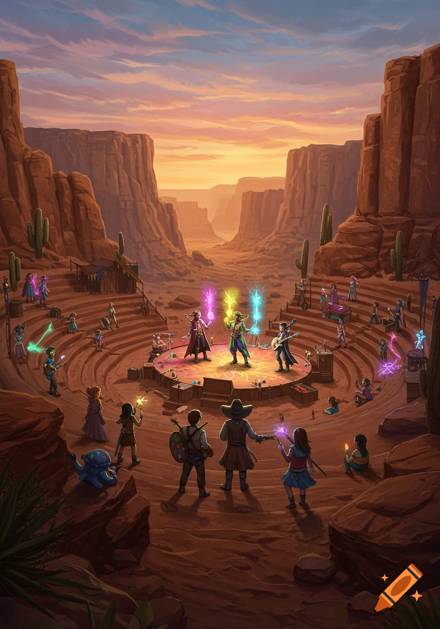 A magical concert held in a desert canyon amphitheater at sunset, with performers on stage and an audience.