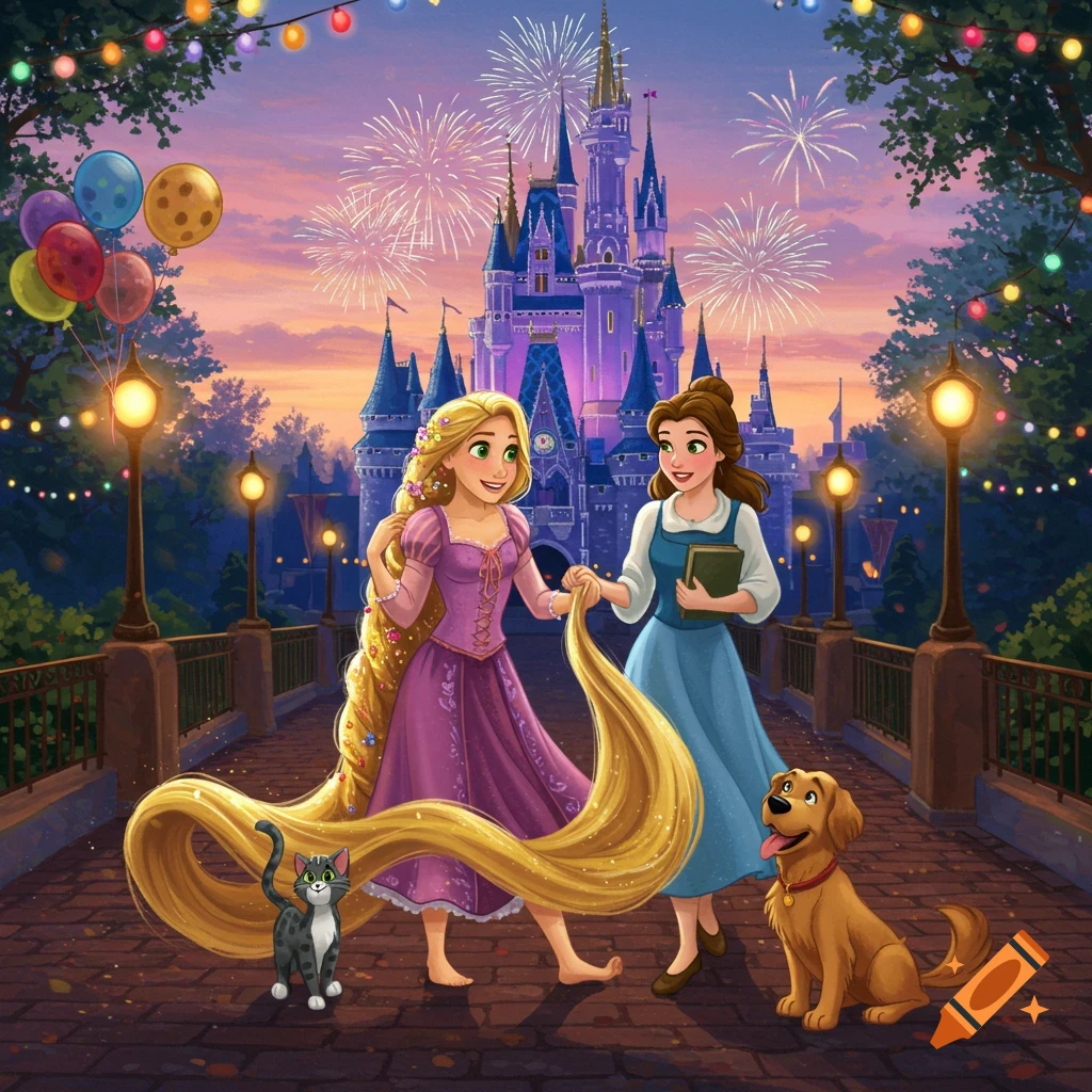Rapunzel and Belle walk on a bridge with a cat and dog, in front of a purple castle with fireworks at sunset, in an animated style.