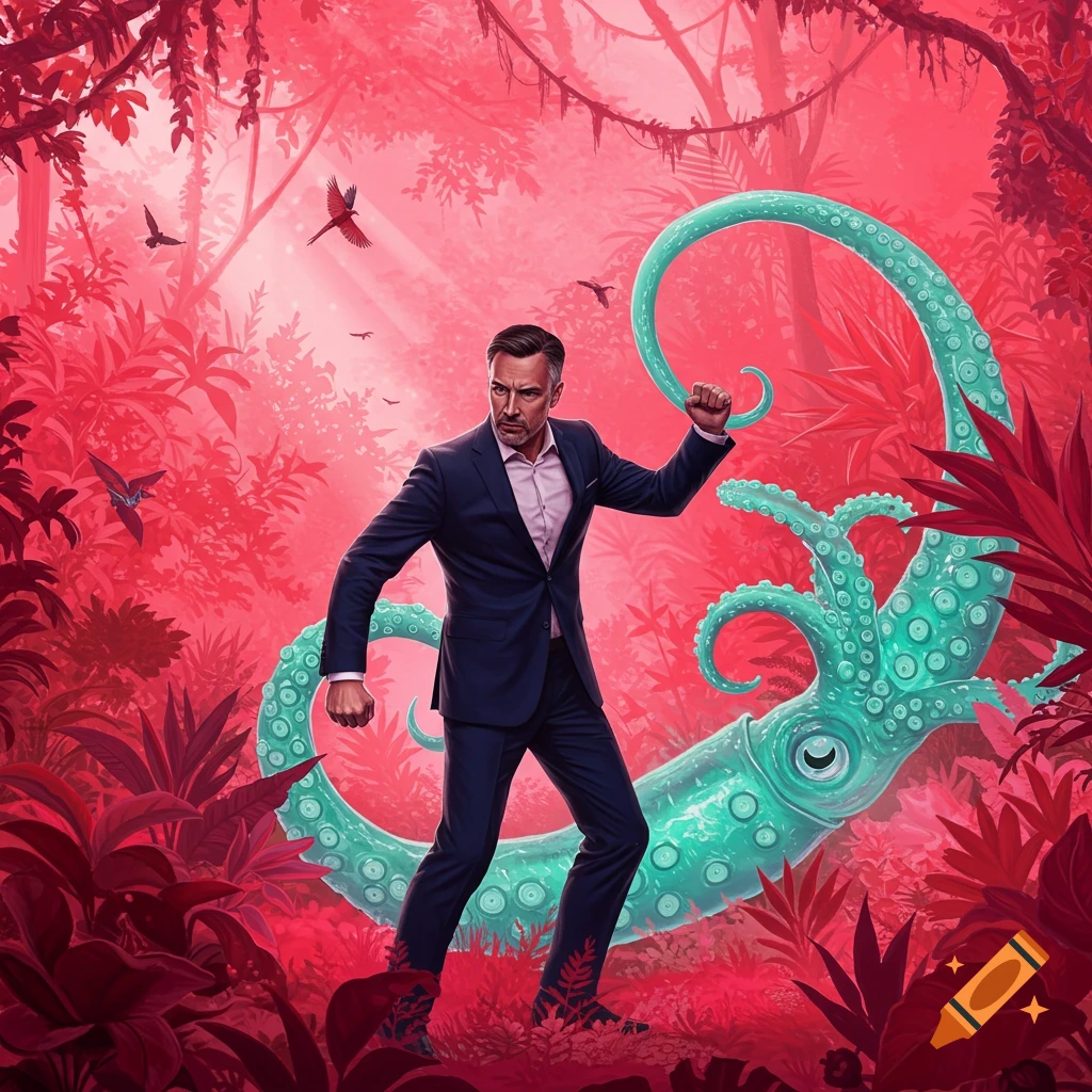 Man in a suit fighting a giant turquoise squid in a vibrant pink jungle, with birds flying around.