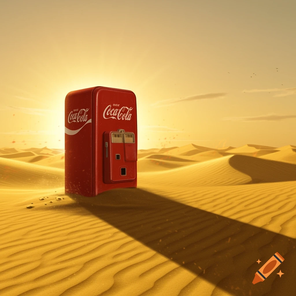 A red Coca-Cola vending machine stands alone in the vast, sunny desert landscape with sand dunes stretching to the horizon.