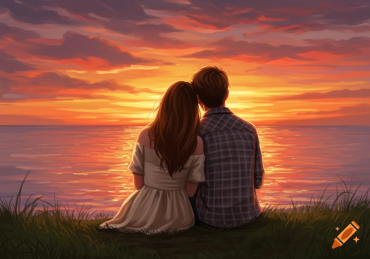 A man and a woman with their backs to the camera sit on a grassy bank, watching a vibrant orange and purple sunset over a shimmering body of water in an illustrated style.