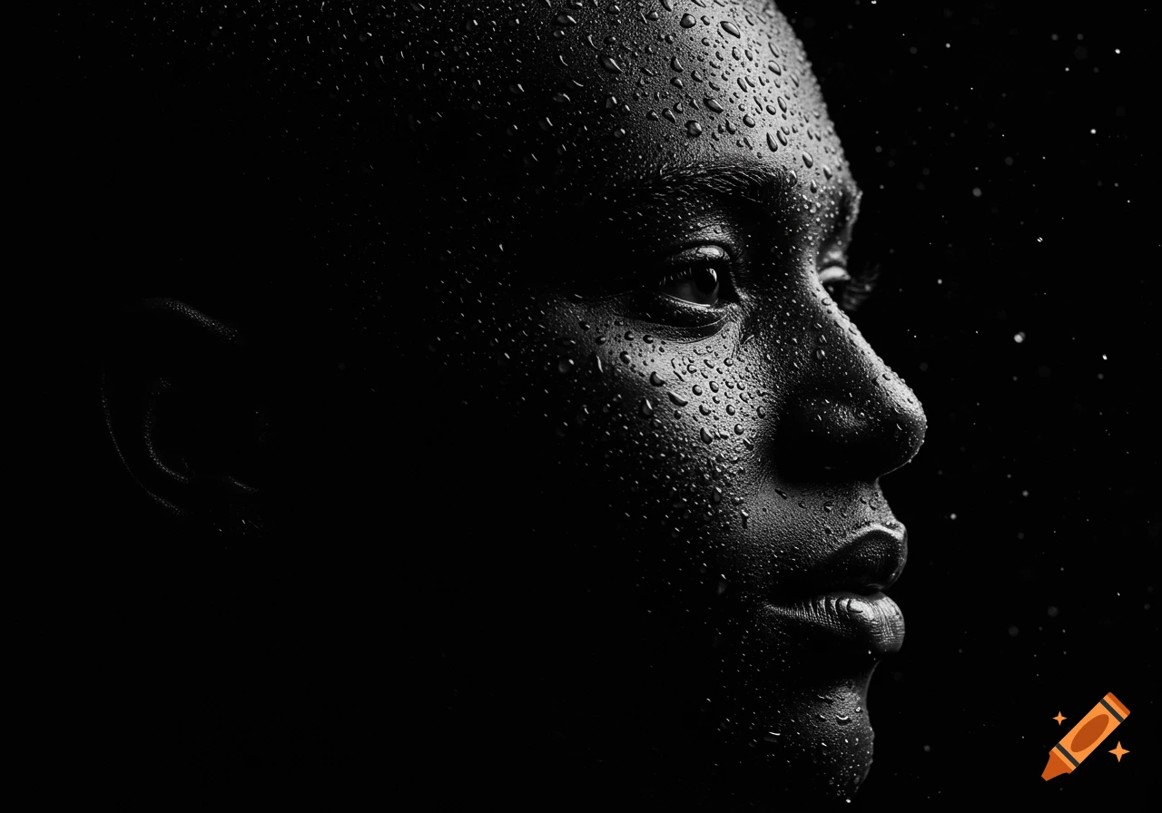 A close-up, high-contrast, black and white profile portrait of a person's face covered in water droplets.