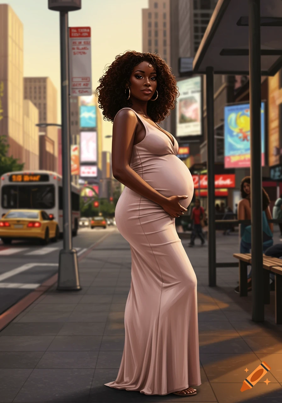 A pregnant Black woman in a light pink dress stands at a city bus stop.