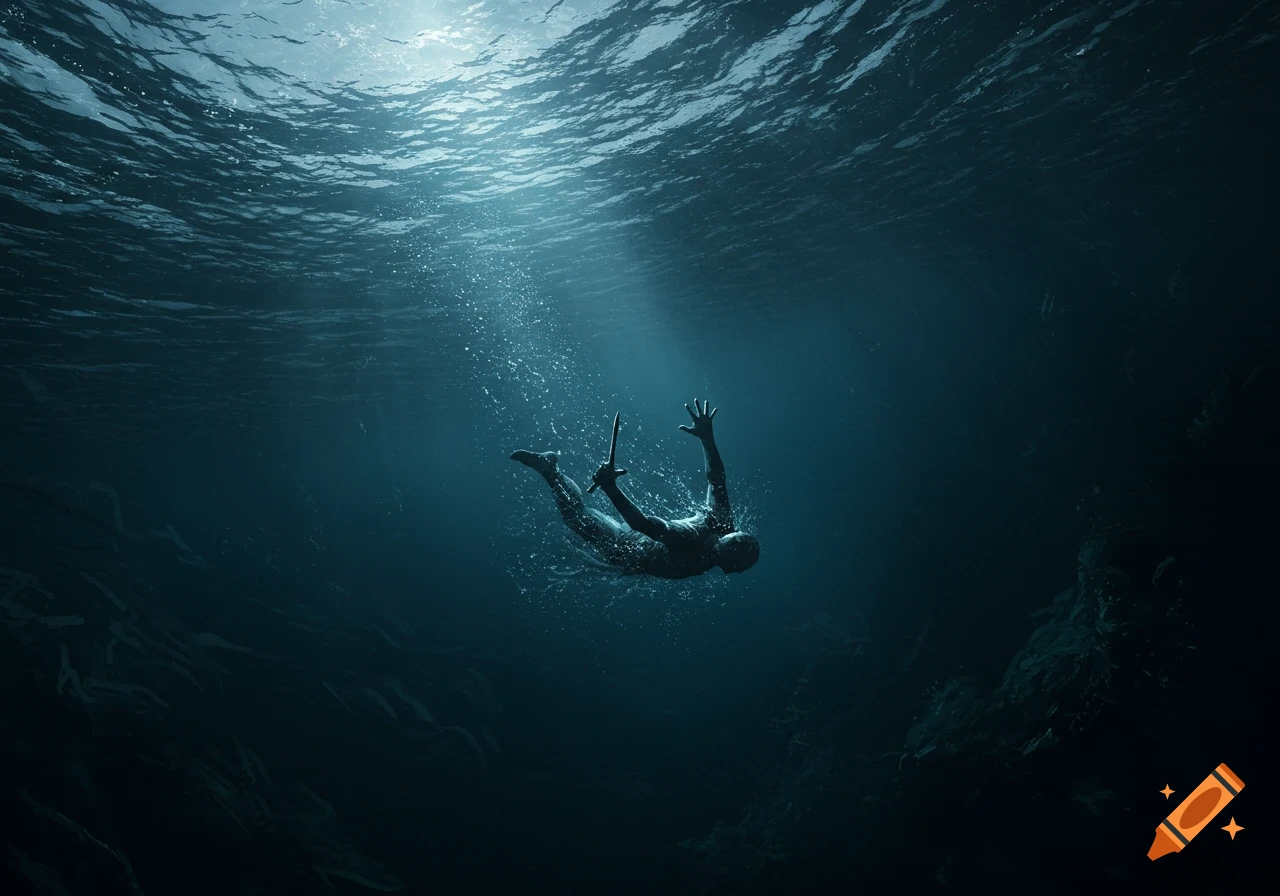 A stylized figure holding a sword sinks through deep, dark blue water with light filtering from the surface.