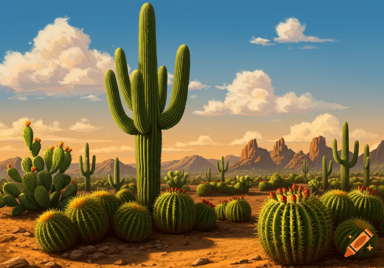 A vibrant desert landscape at sunset, featuring various green cacti, including tall saguaros, prickly pear, and barrel cacti, under a blue sky with clouds and mountains in the background.