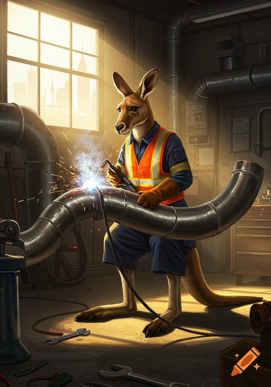A kangaroo wearing a safety vest and work gloves welds a large pipe in a sunlit workshop.