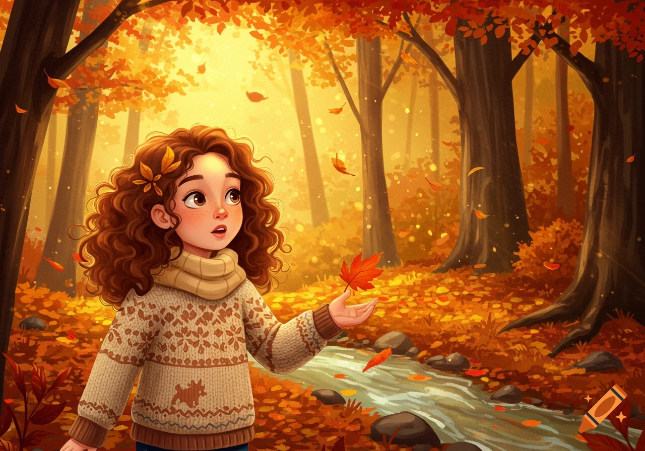 A curious, curly-haired girl in a sweater stands in an autumn forest, holding a red maple leaf, with a stream nearby. Illustrated style.