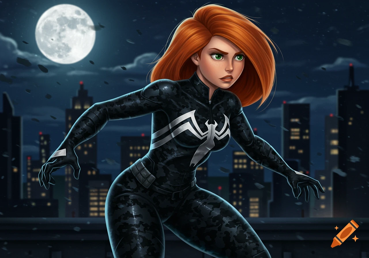 Kim Possible in a black Venom suit with a spider emblem, standing on a rooftop at night with a full moon and city buildings in the background. Comic art style.