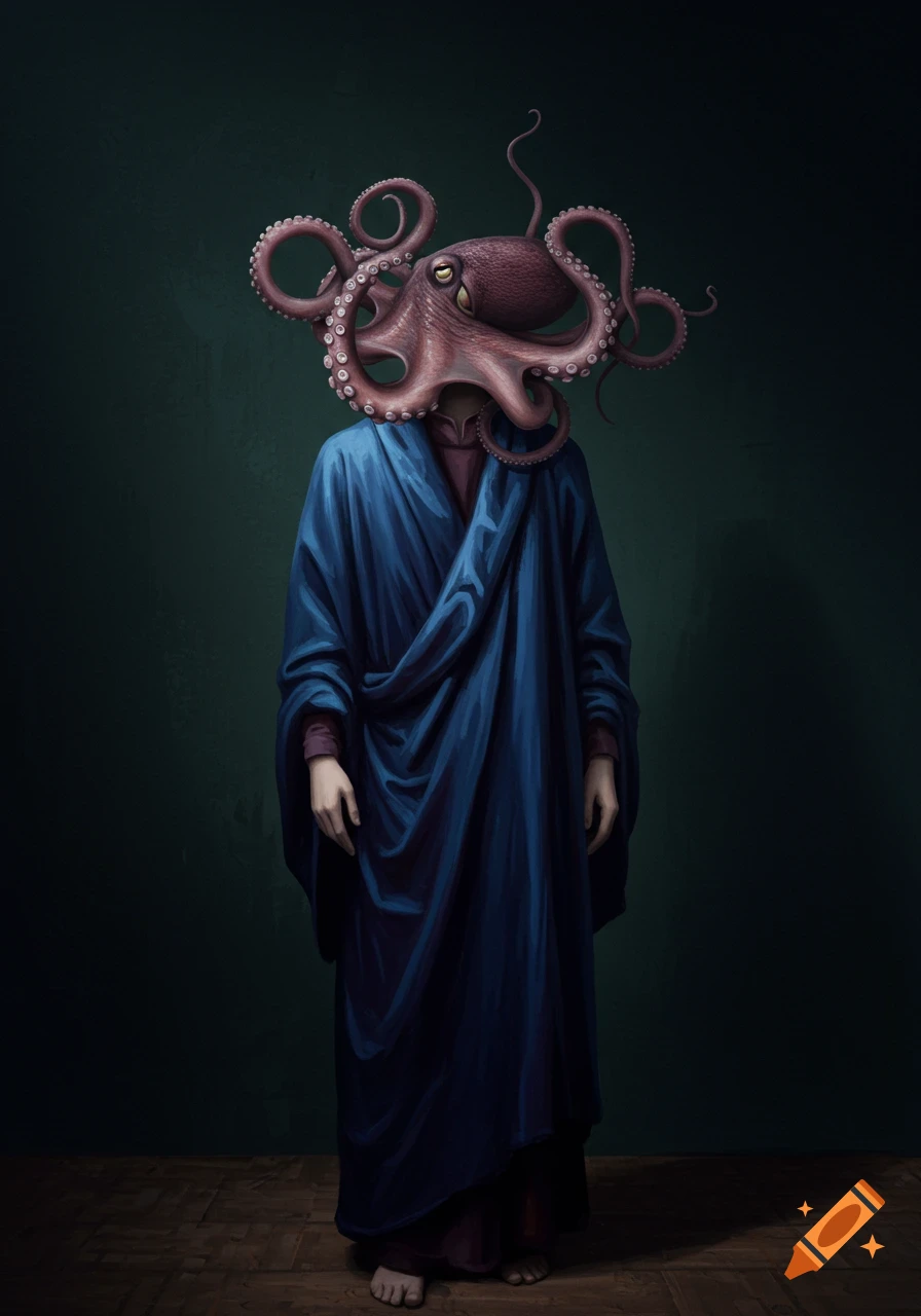 An oil painting depicts a humanoid figure in blue robes with an octopus head, standing in a dark painterly room.