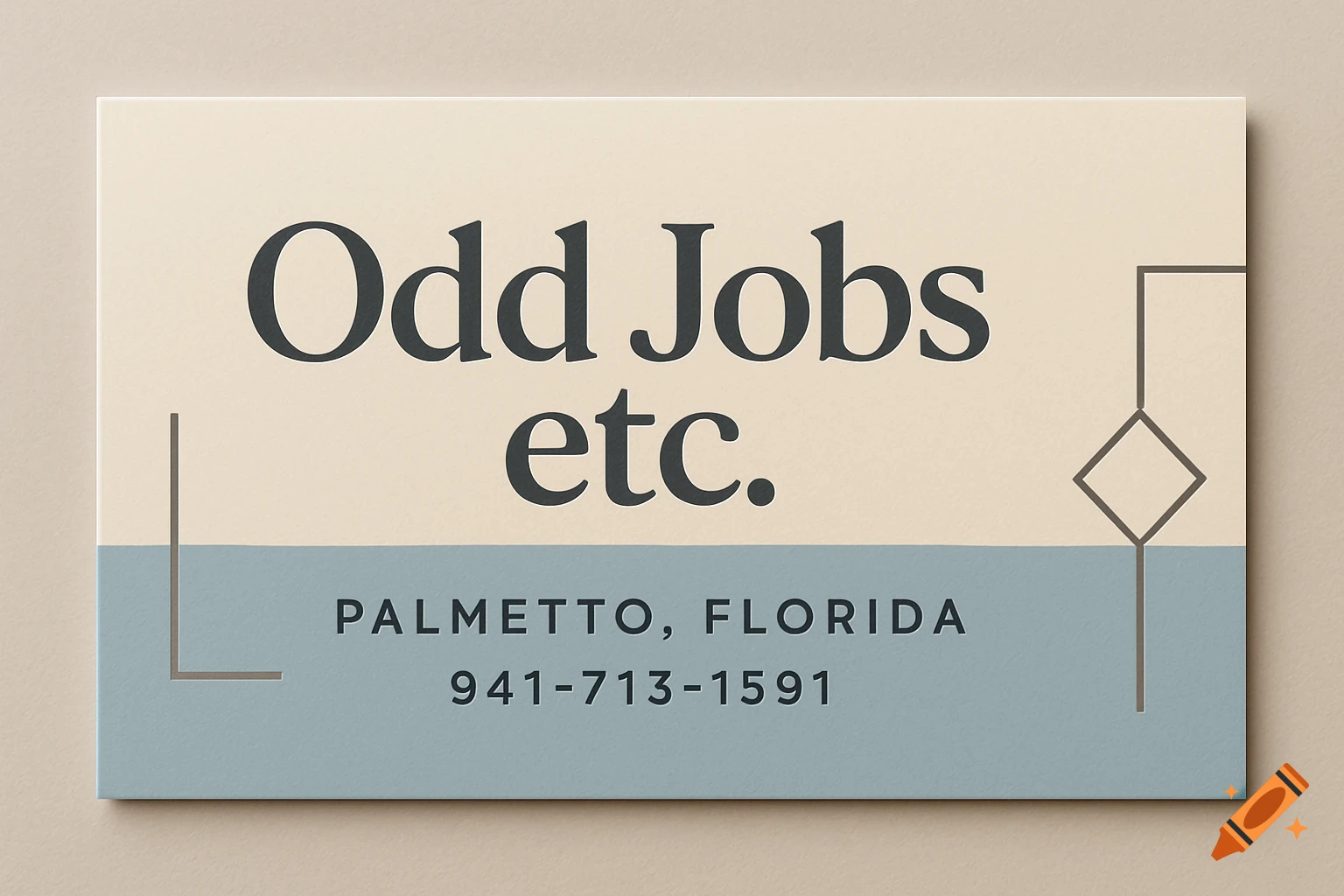 A minimal business card in beige and blue, featuring the text "Odd Jobs etc.", "Palmetto, Florida", and "941-713-1591". It has subtle geometric line details.