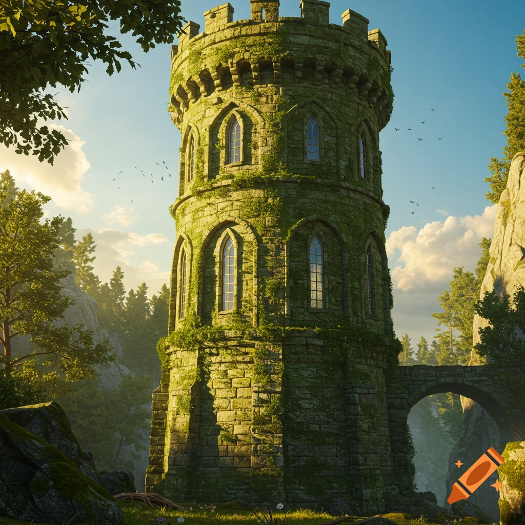A tall, moss-covered stone tower with arched windows, nestled in a lush green valley with trees and rocky cliffs under a bright sky.