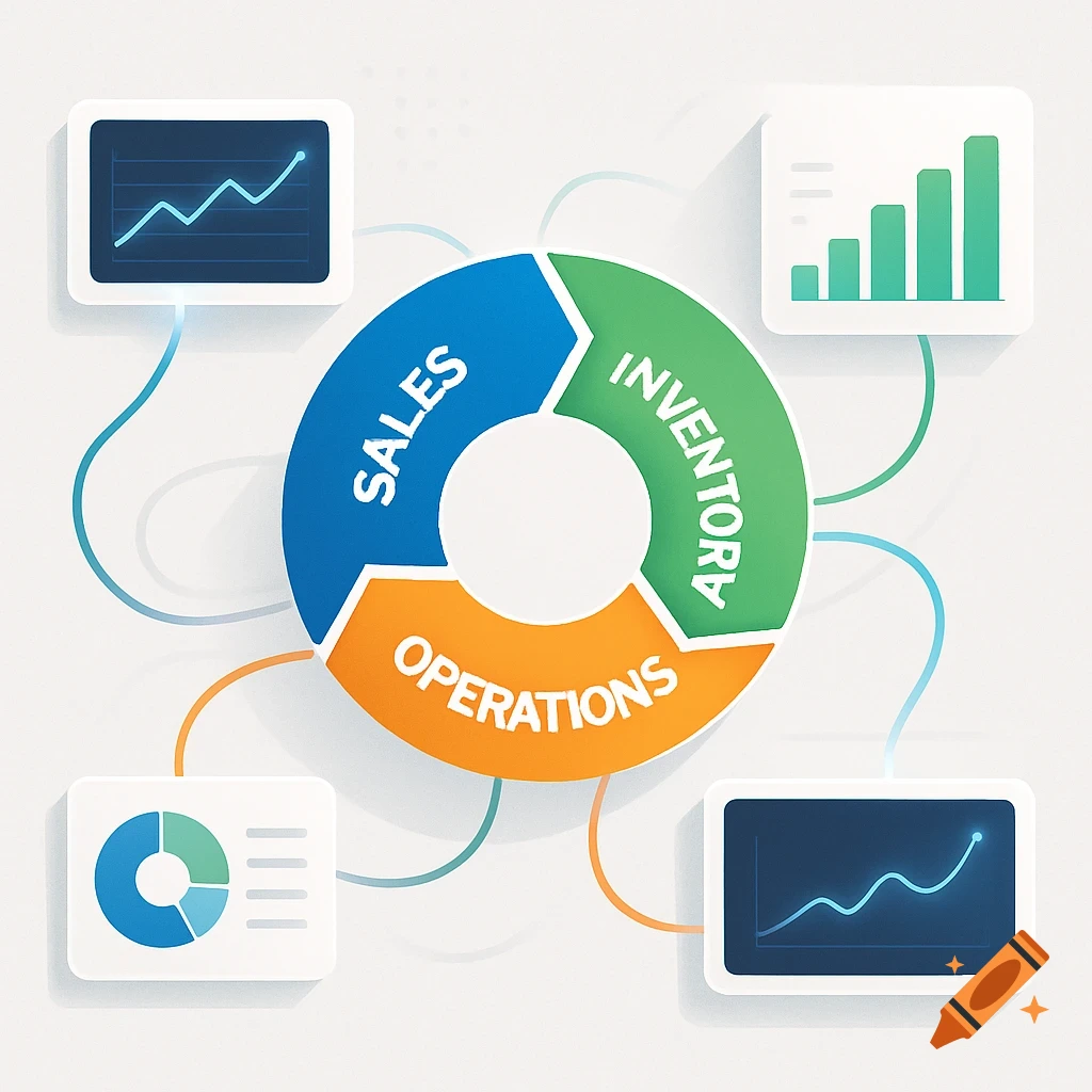 Circular business diagram with segments for Sales, Inventory, and Operations, surrounded by various business charts.