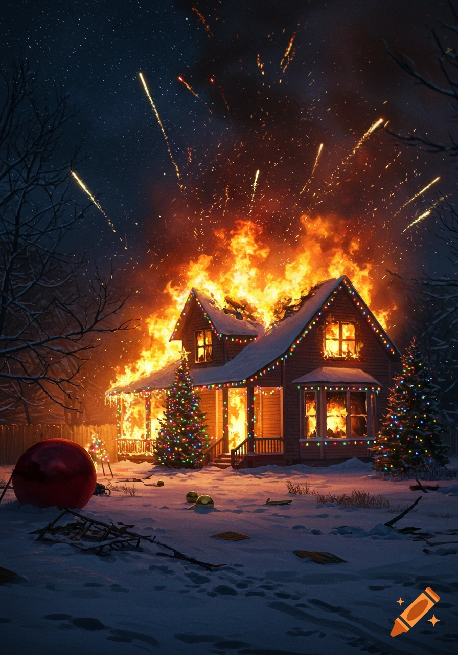 A Christmas-decorated house ablaze from fireworks in a snowy, nighttime setting.