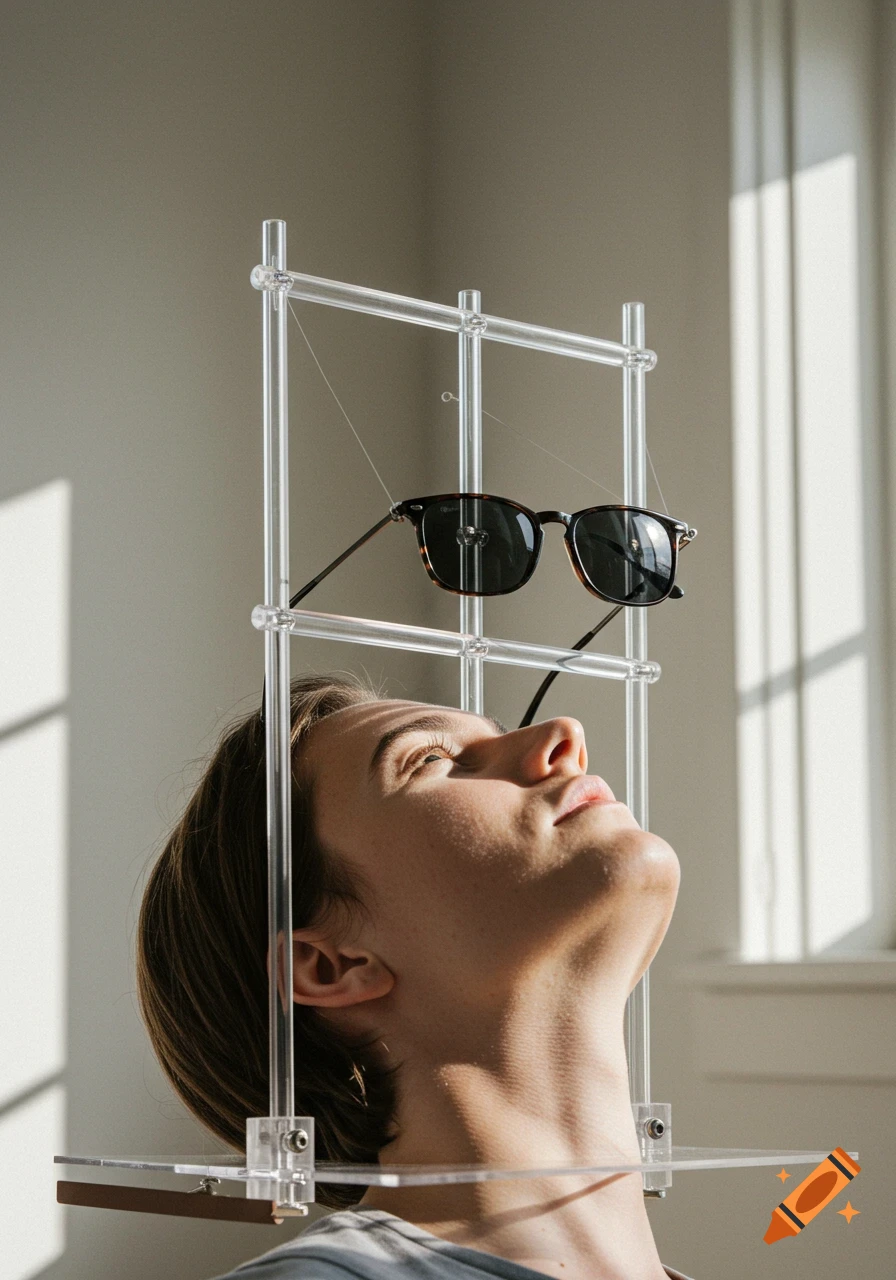 A person's head is tilted back, looking up at a pair of sunglasses suspended by a clear rig against a brightly lit wall.