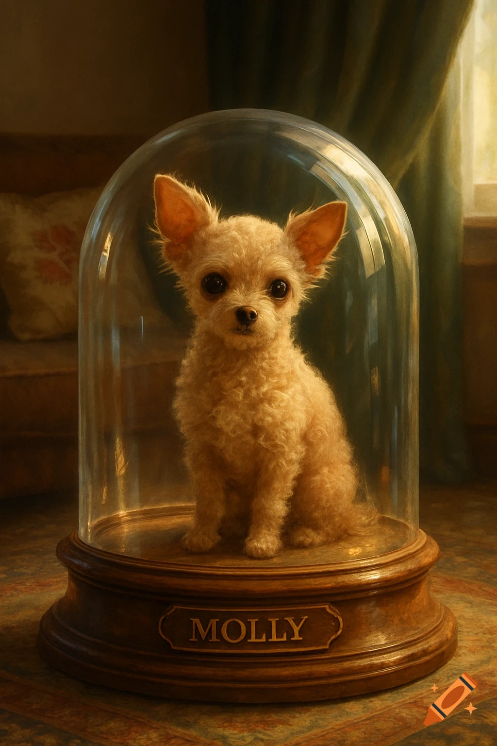 A fluffy light brown chihuahua-poodle dog sits in a glass dome with 'MOLLY' on its wooden base, detailed and painterly.