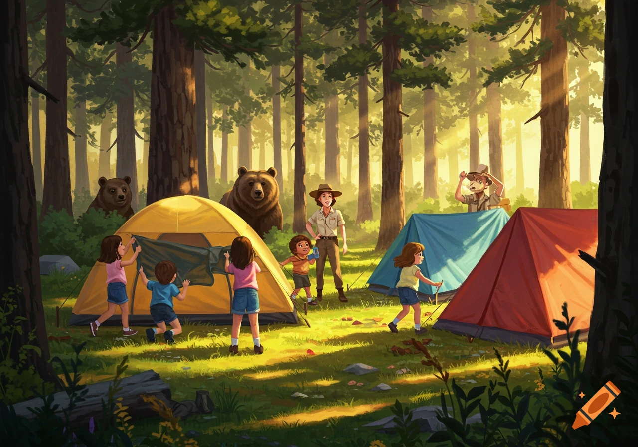 Illustrated scene of children and adults setting up tents in a sunny forest campsite, with two brown bears peeking from behind the trees.