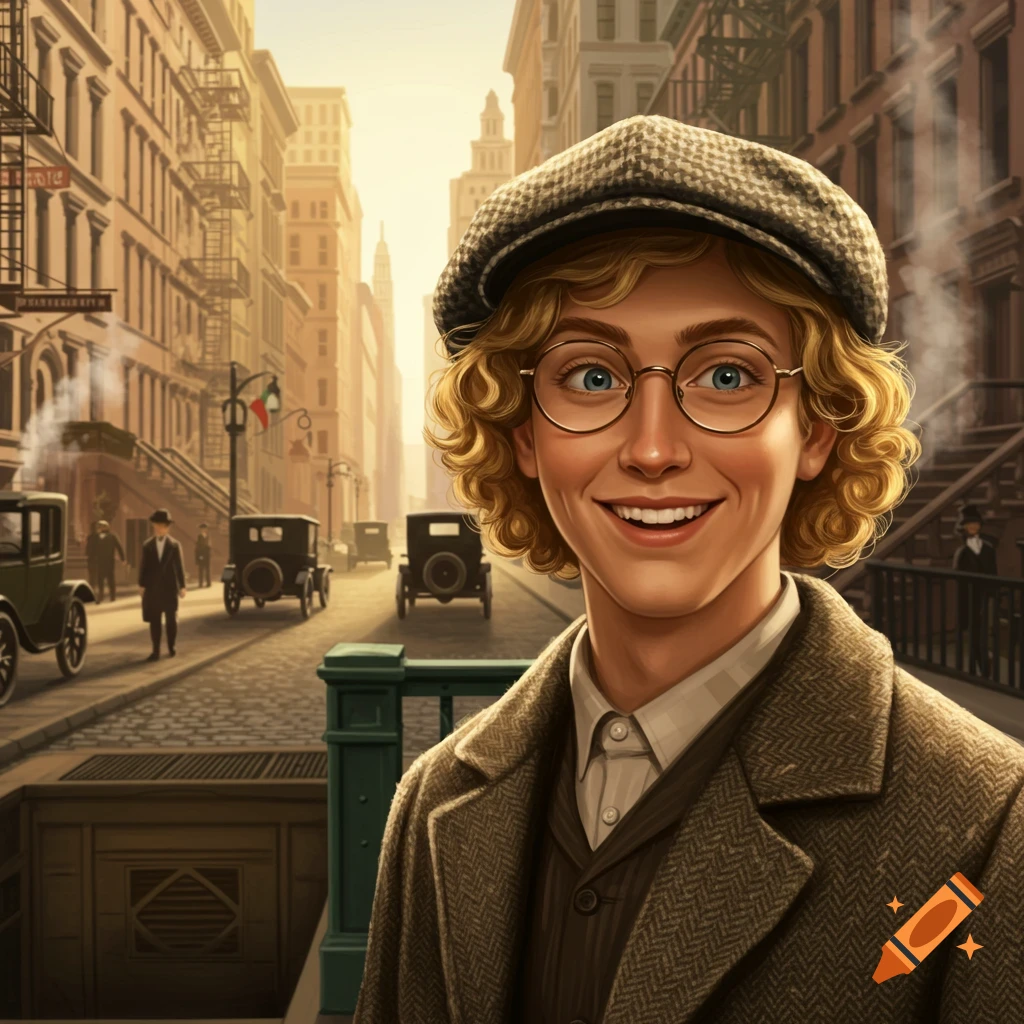 A smiling young man with blonde curls, round glasses, and a newsboy cap stands in 1920s New York City street.